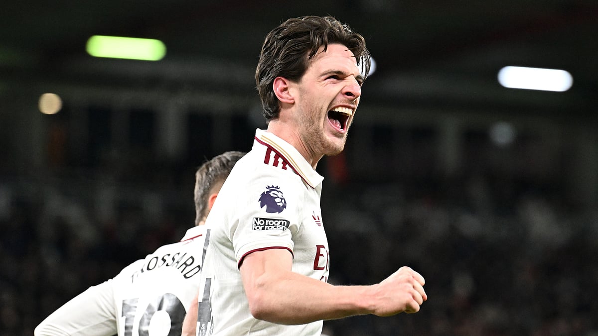 Declan Rice celebrates his goal during the English Premier League match against Bournemouth on January 3, 2026.