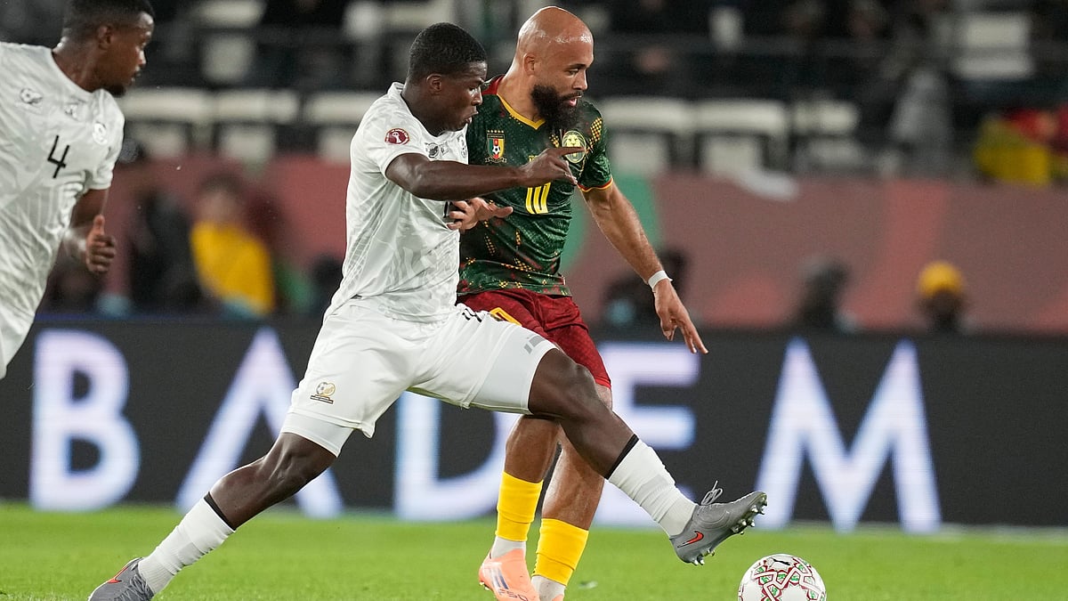 AP : South Africa's Mbekezeli Mbokazi and Cameroon's Bryan Mbeumo challenge for the ball during the Africa Cup of Nations round of 16 soccer match.