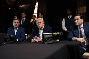 (Molly Riley/The White House via AP) : In this photo released by the White House, President Donald Trump monitors U.S. military operations in Venezuela, with CIA Director John Ratcliffe, left, and Secretary of State Marco Rubio at Mar-a-Lago in Palm Beach, Fla., Saturday, Jan. 3, 2026.