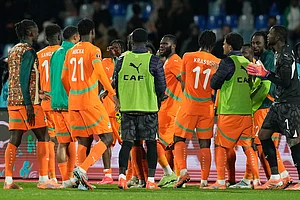 | Photo: AP/Themba Hadebe : Ivory Coast's players celebrate after the Africa Cup of Nations best of 16 soccer match between Ivory Coast and Burkina Faso in Marrakech, Morocco.