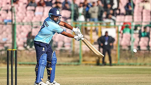 | Photo: PTI : Mumbais Sarfaraz Khan smashed a dashing 20-ball 62 against Punjab in the last league match of the Vijay Hazare Trophy 2025-26 in Jaipur on January 8.