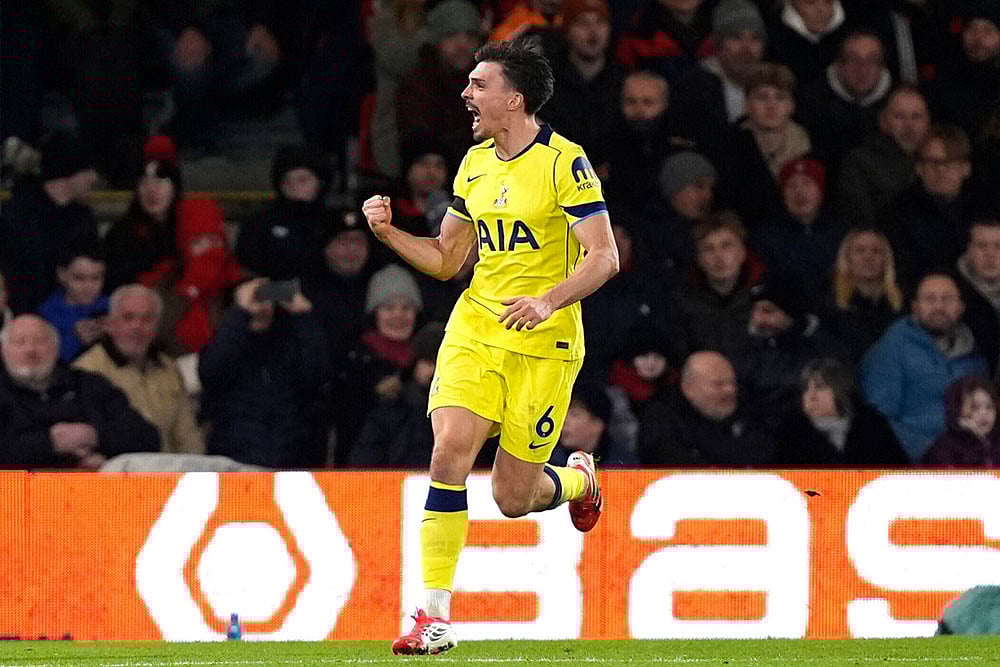 | Photo: Andrew Matthews/PA via AP : Tottenham Hotspurs Joao Palhinha celebrates scoring their sides second goal of the game during the English Premier League soccer match between Bournemouth and Tottenham Hotspur in Bournemouth, England.