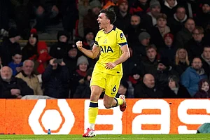 | Photo: Andrew Matthews/PA via AP : Tottenham Hotspur's Joao Palhinha celebrates scoring their side's second goal of the game during the English Premier League soccer match between Bournemouth and Tottenham Hotspur in Bournemouth, England.