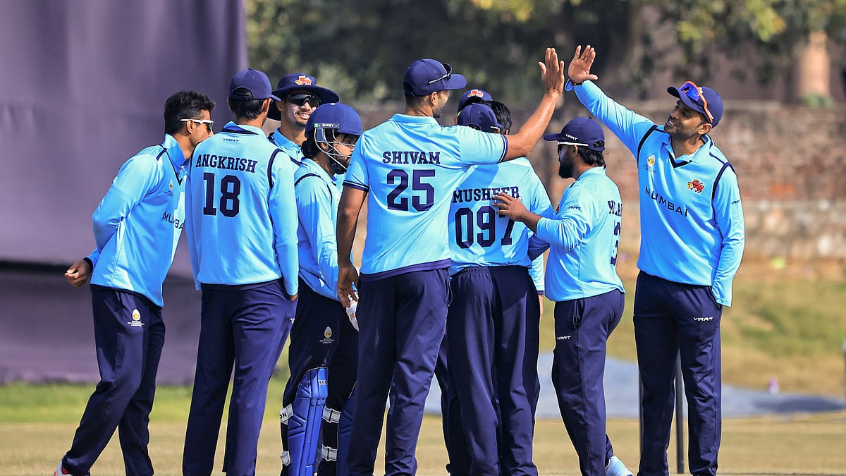 (PTI Photo)  : Mumbais Suryakumar Yadav with teammates celebrates during the Vijay Hazare Trophy 2025-26 cricket match between Mumbai and Punjab, at Jaipuria Cricket Academy in Jaipur, Thursday, Jan. 8, 2026. 