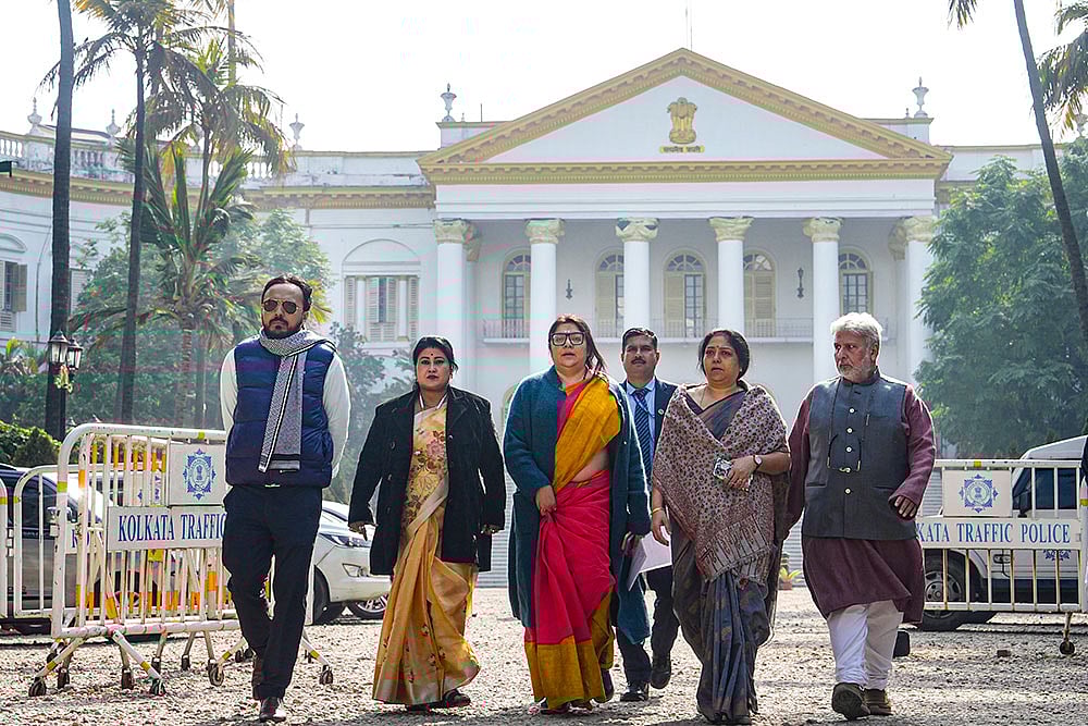 | Photo: PTI/Manvender Vashist Lav : From left, BJP leaders Indranil Khan, Phalguni Patra, Locket Chatterjee, Shashi Agnihotri and Shishir Bajoria leave after a meeting of the partys delegation with West Bengal Governor CV Ananda Bose, in Kolkata.