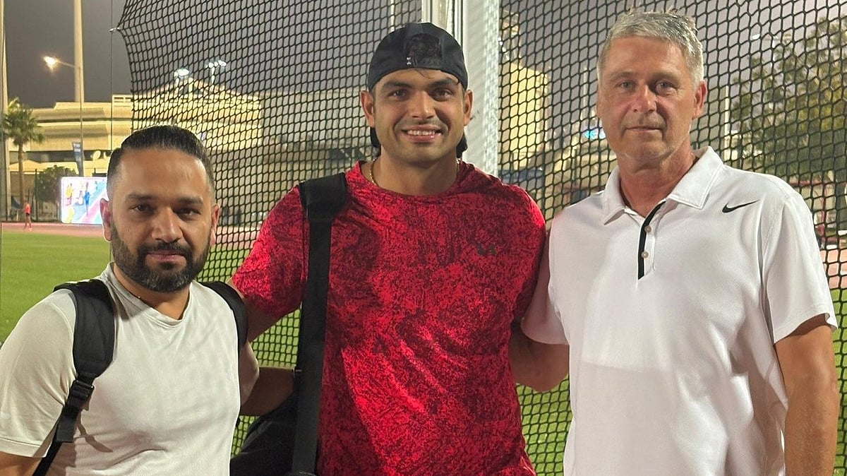X/Neeraj Chopra : File photo of javelin throw superstar Neeraj Chopra with coach Jan Zelezny (right) and physio Ishaan Marwaha (left).