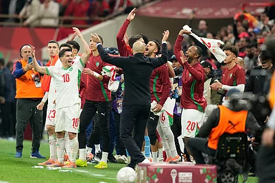 | Photo: AP/Mosaab Elshamy : Morocco players celebrate after the Africa Cup of Nations quarterfinal soccer match between Cameroon and Morocco, in Rabat, Morocco.