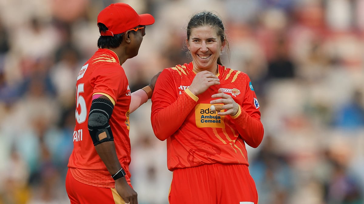 | Photo: X/wplt20 : Gujarat Giants Georgia Wareham celebrates a wicket during the Womens Premier League match against UP Warriorz on January 10, 2026.