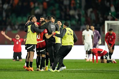 | Photo: AP/Mosaab Elshamy : Egypt players celebrate after the Africa Cup of Nations quarterfinal soccer match between Egypt and Ivory Coast, in Agadir, Morocco.
