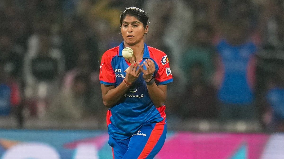 PTI : Delhi Capitals Nandini Sharma takes the catch of Gujarat Giants Anushka Sharma during their Womens Premier League match at the DY Patil Stadium.