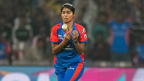 PTI : Delhi Capitals Nandini Sharma takes the catch of Gujarat Giants Anushka Sharma during their Womens Premier League match at the DY Patil Stadium.