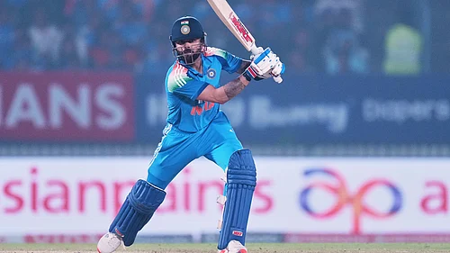 | Photo: AP/Ajit Solanki : Indias Virat Kohli plays a shot during the first One Day International cricket match between India and New Zealand in Vadodara, India, Sunday, Jan. 11, 2026.