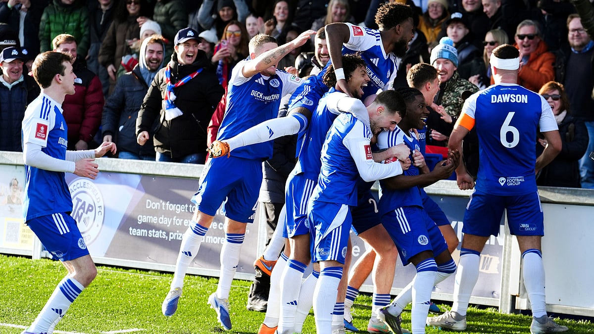 | Photo: AP/Martin Rickett : Macclesfield Town's Isaac Buckley-Ricketts celebrates scoring his side's second goal with teammates, during the FA Cup third round match aginst Crystal Palace, at the Leasing.com Stadium on Saturday, January 10, 2026.