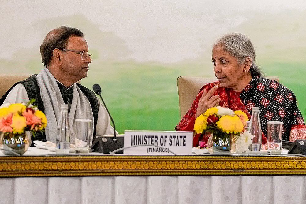 Photo: PTI/Atul Yadav : Union Finance Minister Nirmala Sitharaman and MoS Finance Pankaj Chaudhary during the Pre-Budget meeting with State Finance Ministers of States and Union Territories, in New Delhi.