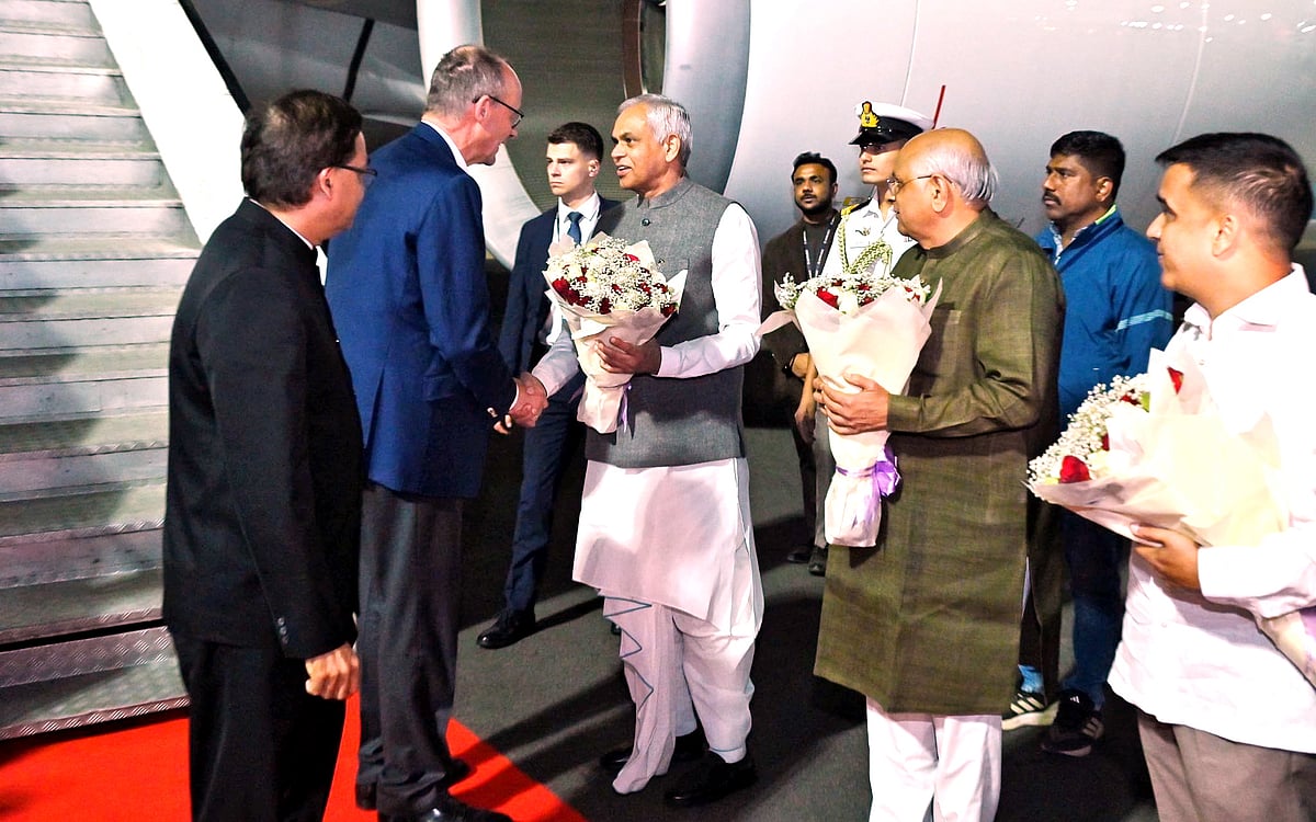 PTI : In this image posted on Jan. 12, 2026, Gujarat Governor Acharya Devvrat welcomes German Chancellor Friedrich Merz upon his arrival at the airport ahead of bilateral talks with Prime Minister Narendra Modi, in Ahmedabad. CM Bhupendra Patel, Deputy CM Harsh Sanghavi and others are also seen.