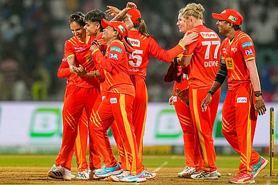 | Photo: PTI/Kunal Patil : Gujarat Giants players celebrate after winning the Womens Premier League (WPL) T20 cricket match between Gujarat Giants and Delhi Capitals, at the DY Patil Stadium, in Navi Mumbai.