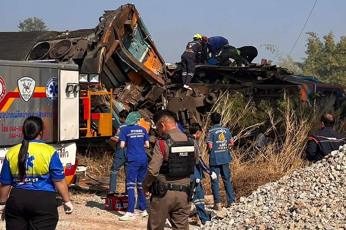 AP : This photo released from State Railway of Thailand, shows aid workers after a construction crane fell into a passenger train in Nakhon Ratchasima province, Thailand Wednesday, Jan. 14, 2026. 