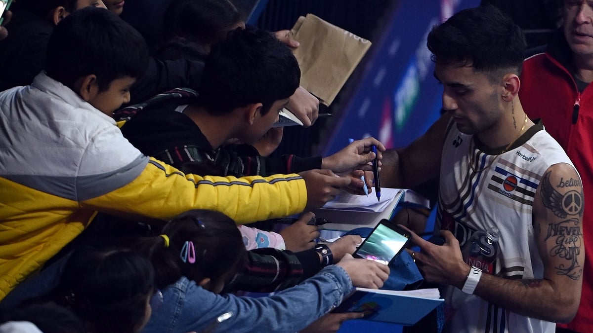 | Photo: BAI_media : Lakshya Sen signs autographs after his India Open match against Kenta Nishimoto on January 15, 2026.
