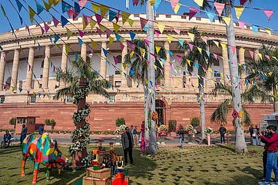 | Photo: PTI/Shahbaz Khan : A person poses during an exhibition organised as part of the 28th Conference of Speakers and Presiding Officers of the Commonwealth (CSPOC), at Parliament House complex, in New Delhi.