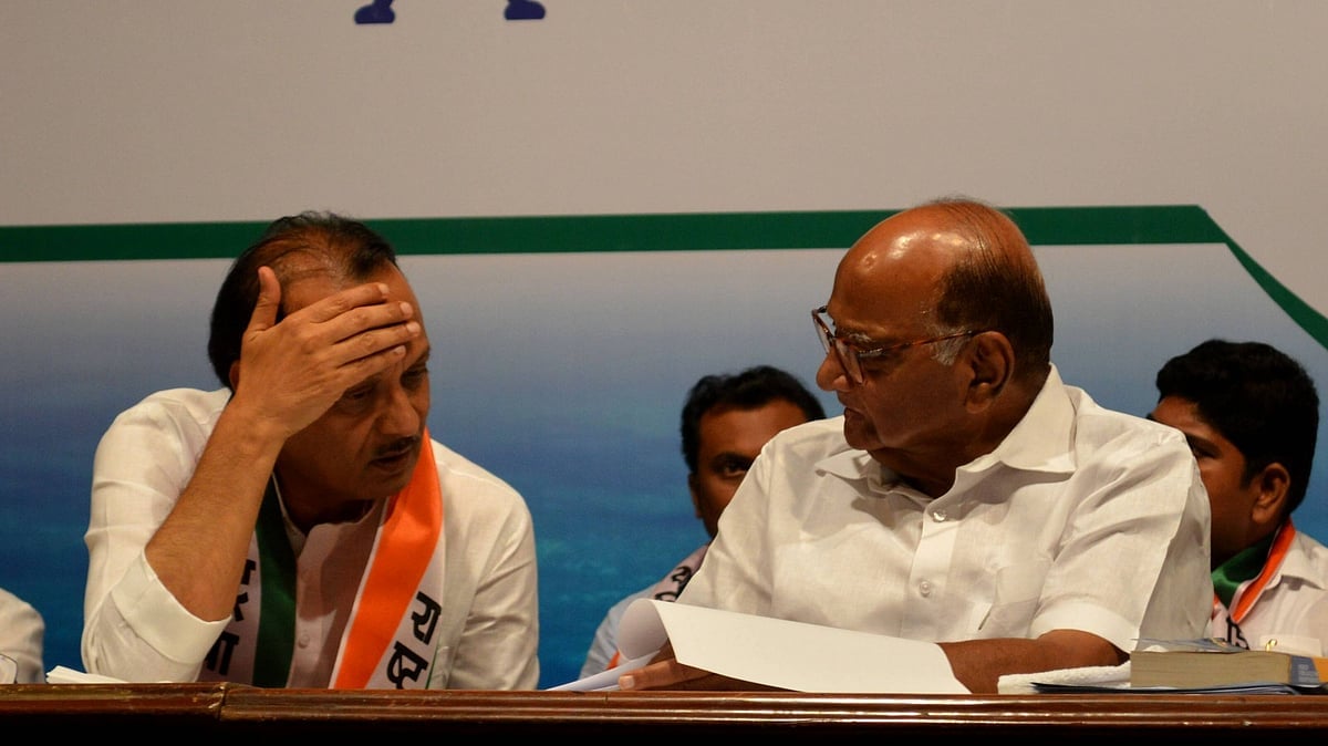 NCP leader Ajit Pawar with  Sharad Pawar during the 20th NCP Foundation Day, at YB Chavan Centre, on June 10, 2019 in Mumbai, India
Source: IMAGO / Hindustan Times 
