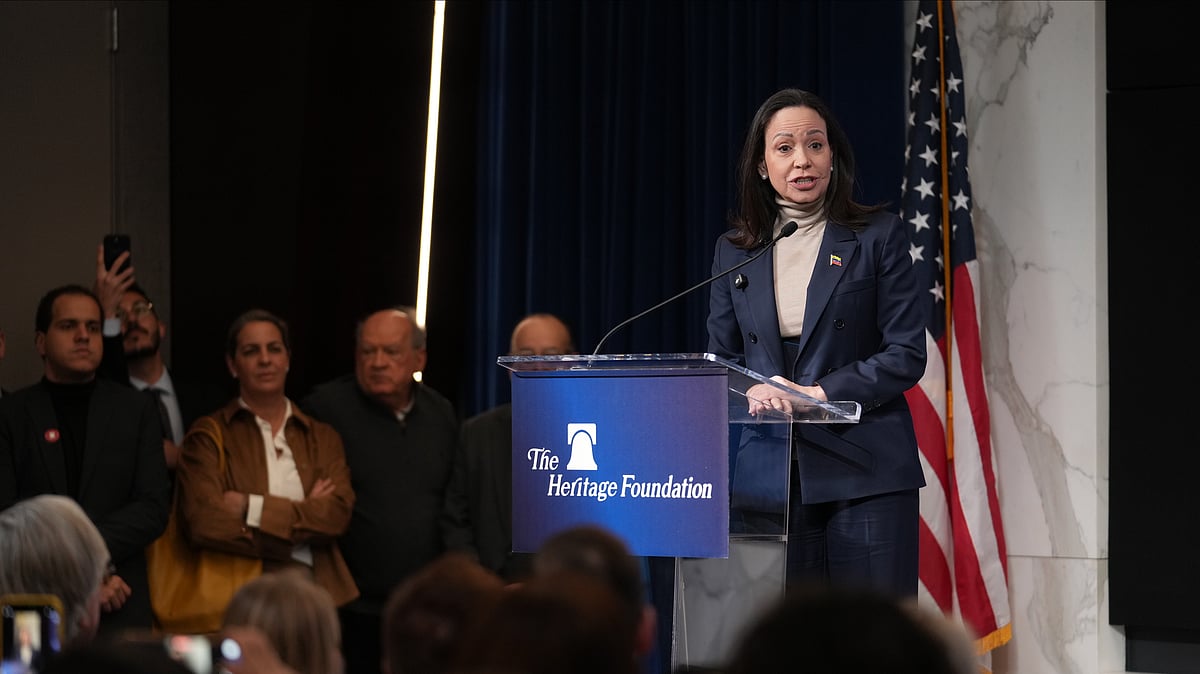 Source: AP : Venezuelan opposition leader Maria Corina Machado speaks at the Heritage Foundation, an influential conservative think tank, a day after meeting with President Donald Trump and members of Congress, on Capitol Hill in Washington Friday, Jan. 16, 2026. (AP Photo/J. Scott Applewhite)