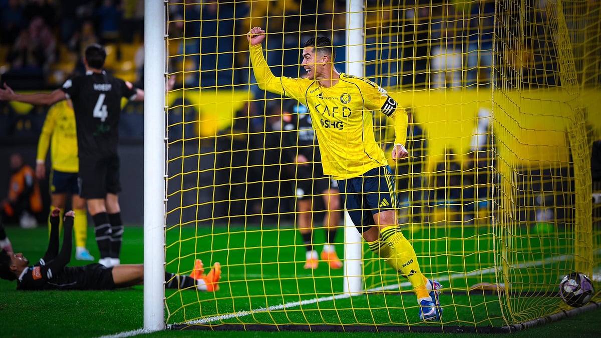 Photo: X/AlNassr FC : Cristiano Ronaldo celebrates Al-Nassr's opening goal against Al-Shabab in their Saudi Pro League 2025-26 match.
