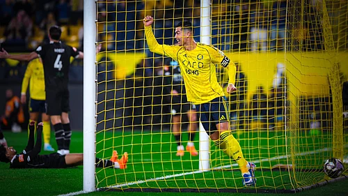 Photo: X/AlNassr FC : Cristiano Ronaldo celebrates Al-Nassrs opening goal against Al-Shabab in their Saudi Pro League 2025-26 match.