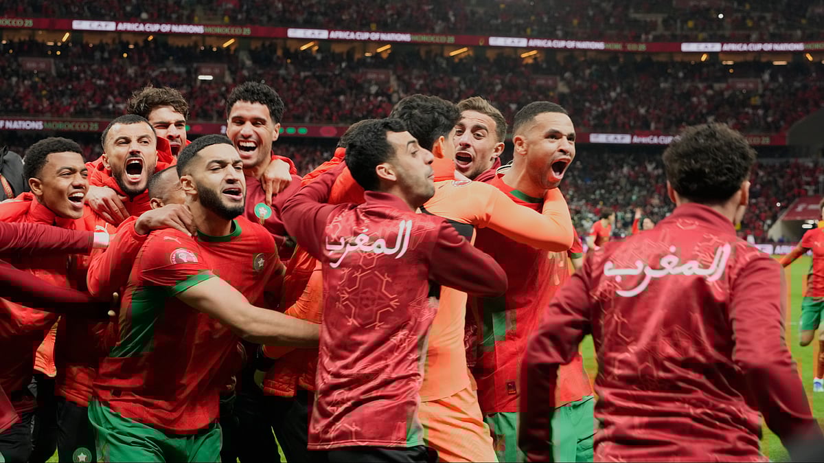 | Photo: AP/Mosaab Elshamy : Morocco players celebrate after winning after a penalty shootout during the Africa Cup of Nations semi-final match between Nigeria and Morocco in Rabat, Morocco, Wednesday, Jan. 14, 2026. 