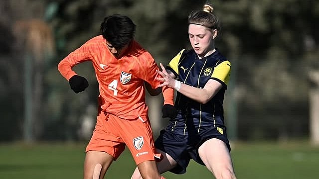 | Photo: Instagram/m1925wfc : India's Shilky Hemam challenges for the ball during the FIFA international women's friendly match against FC Metalist 1925 Kharkiv on January 18, 2026.