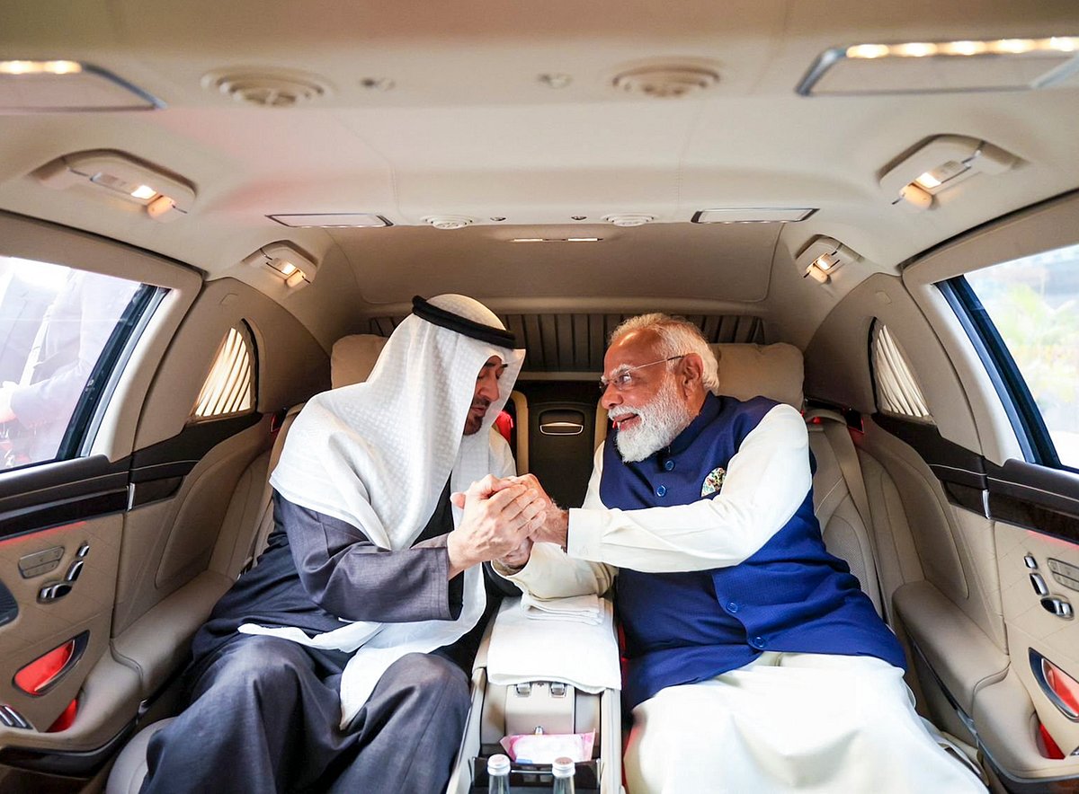 In this image posted on Jan. 19, 2026, Prime Minister Narendra Modi, right, with UAE President Sheikh Mohamed bin Zayed Al Nahyan on latters arrival, in New Delhi. (@narendramodi/X via PTI Photo)