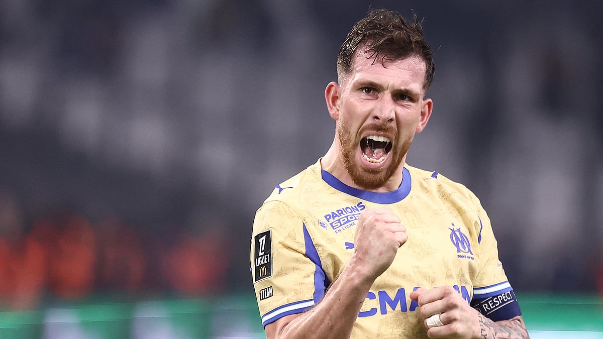 Marseille midfielder Pierre-Emile Hojbjerg celebrating a goal.