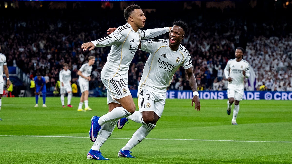 Kylian Mbappe and Vinicius Junior celebrate the former's opening goal