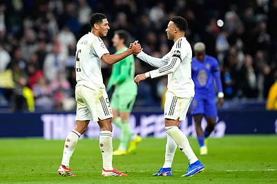 | Photo: AP/Jose Breton : Real Madrids Kylian Mbappe and Jude Bellingham at the end of the Champions League opening phase soccer match between Real Madrid and Monaco in Madrid.