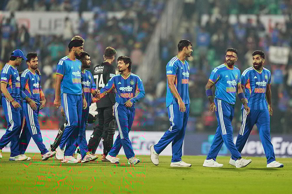 | Photo: AP/Mahesh Kumar A. : Indian players celebrate after their win in the first T20 cricket match against New Zealand in Nagpur, India.