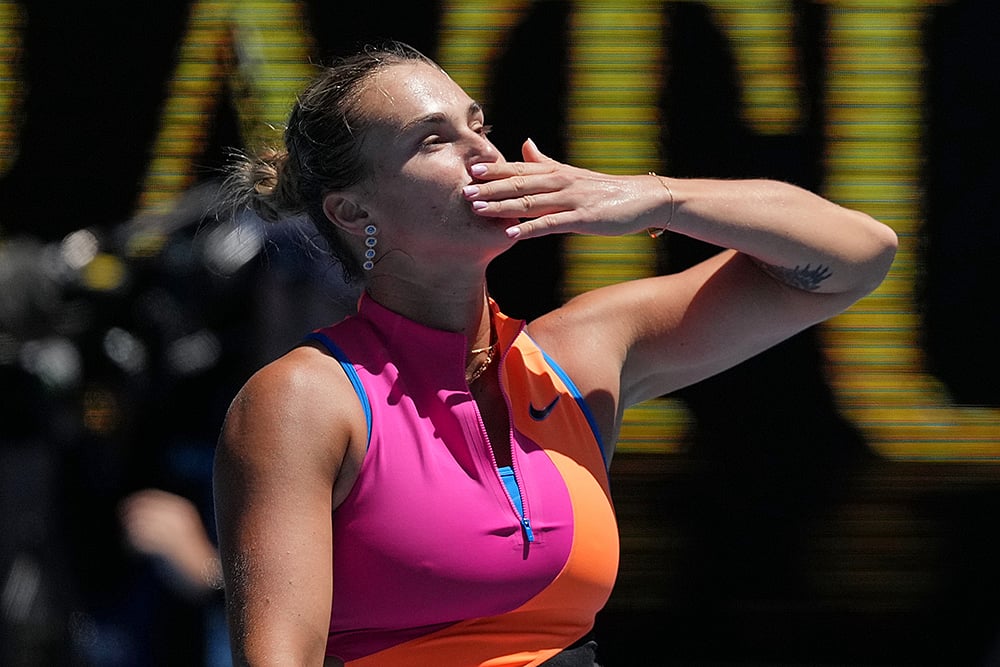 | Photo: AP/Asanka Brendon Ratnayake : Aryna Sabalenka of Belarus reacts after defeating Anastasia Potapova of Austria in their third round match at the Australian Open tennis championship in Melbourne, Australia.