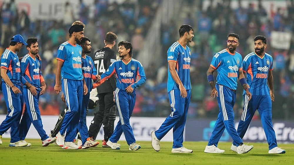 | Photo: AP/Mahesh Kumar A. : Indian players celebrate after their win in the first T20 cricket match against New Zealand in Nagpur, India.