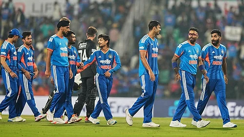 | Photo: AP/Mahesh Kumar A. : Indian players celebrate after their win in the first T20 cricket match against New Zealand in Nagpur, India.