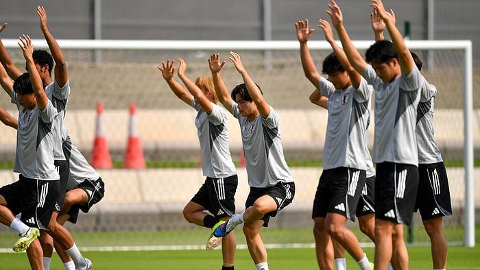 Photo: AFC : Japan players train ahead of the AFC U23 Asian Cup final against China in Jeddah, Saudi Arabia.