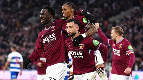 Photo: Bradley Collyer/PA via AP : West Ham Uniteds Crysencio Summerville, centre, celebrates scoring their sides first goal of the game with Taty Castellanos, right, and Soungoutou Magassa during the FA Cup third round match between West Ham United and Queens Park Rangers.