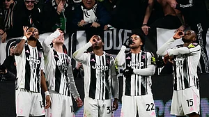 Juventus' players celebrate against Napoli