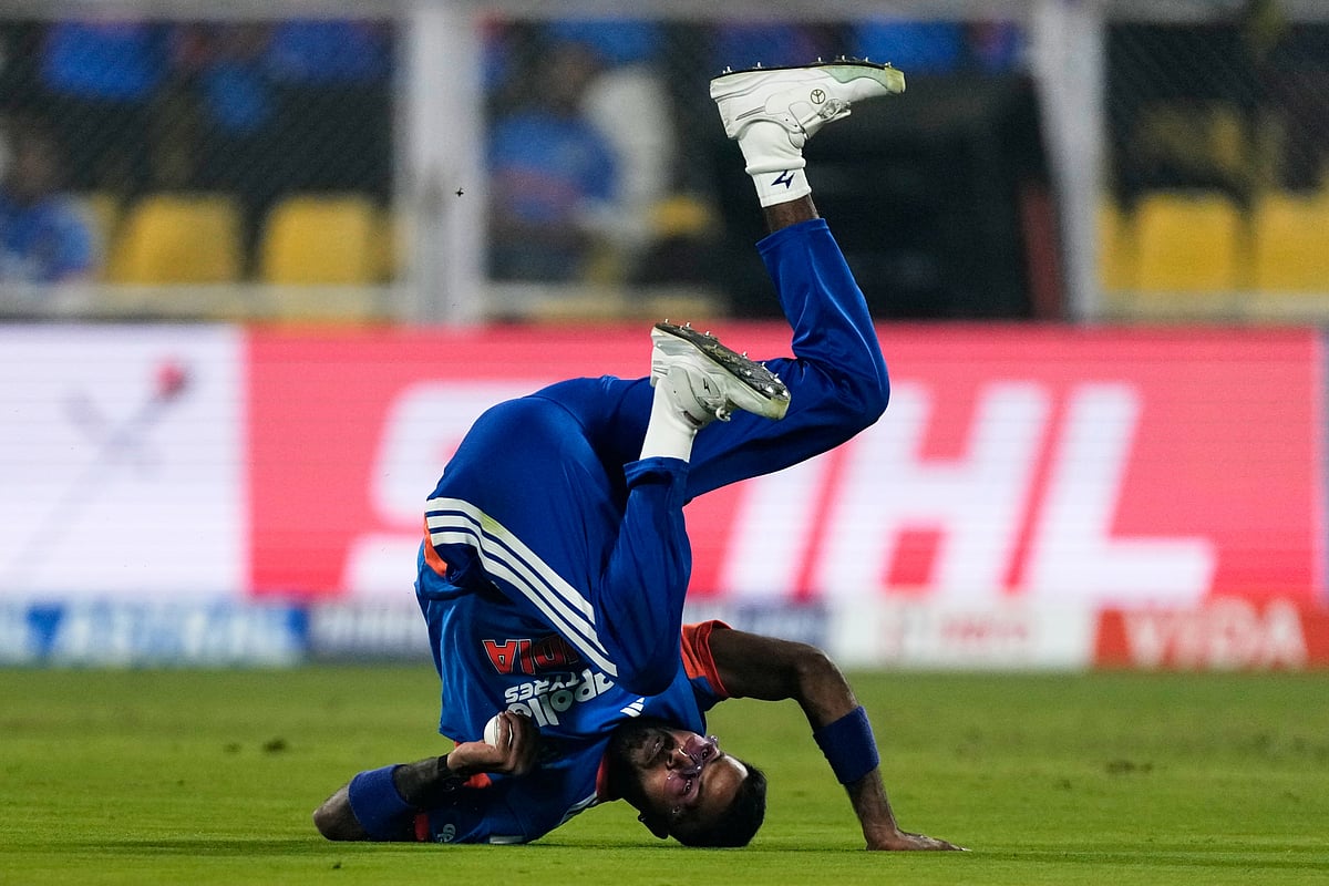 | Photo: AP/Anupam Nath : Indias Hardik Pandya takes the catch to dismiss New Zealands Devon Conway during the third T20 cricket match between India and New Zealand in Guwahati, India, Sunday, Jan. 25, 2026. 