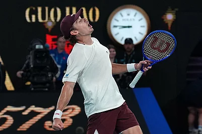 | Photo: AP/Dita Alangkara : Alex de Minaur of Australia celebrates after defeating Alexander Bublik of Kazakhstan in their fourth round match at the Australian Open tennis championship in Melbourne, Australia.