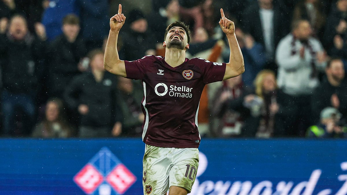 Claudio Braga celebrates after scoring for Hearts during the Scottish Premiership match against Celtic on January 25, 2026.