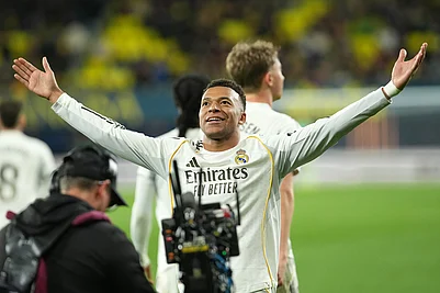 | Photo: AP/Alberto Saiz : Real Madrids Kylian Mbappe celebrates after the Spanish La Liga soccer match between Villarreal and Real Madrid in Villarreal, Spain.