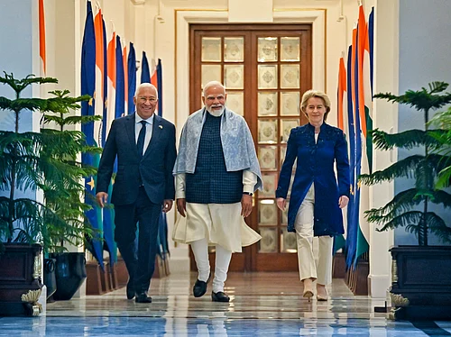| PTI | : In this image received on Jan. 27, 2026, Prime Minister Narendra Modi with European Council President Antonio Costa, left, and European Commission President Ursula von der Leyen, right, during their meeting at the Hyderabad House, in New Delhi.