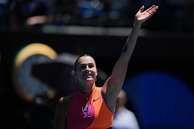 | Photo: AP/Aaron Favila : Aryna Sabalenka of Belarus celebrates after defeating Iva Jovic of the U.S. in their quarterfinal match at the Australian Open tennis championship in Melbourne, Australia.