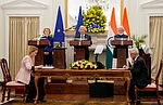 PTI : Prime Minister Narendra Modi, European Council President Antonio Costa and European Commission President Ursula von der Leyen witness exchange of documents during a joint press statement after their meeting at the Hyderabad House, in New Delhi, Tuesday, Jan. 27, 2026.