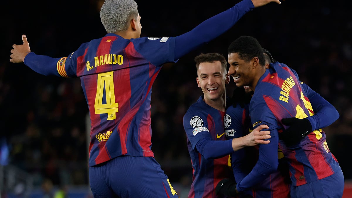 | Photo: AP/Joan Monfort : Barcelona's Marcus Rashford celebrates with team mates his side's fourth goal during the Champions League opening phase match between Barcelona and Copenhagen in Barcelona, Spain, on Wednesday, Jan. 28, 2026. 