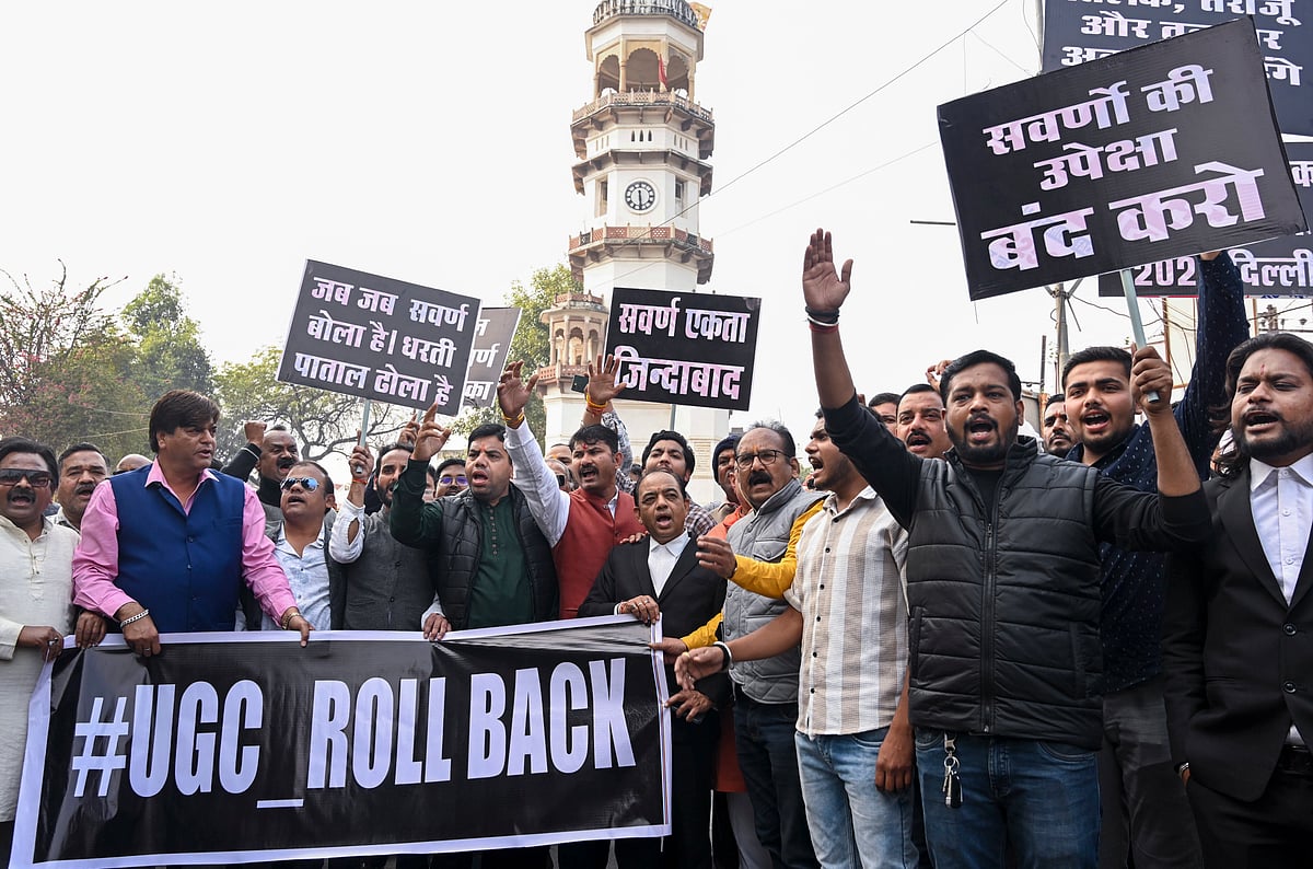 PTI : People hold placards during a protest against the University Grants Commissions recently notified Promotion of Equity in Higher Education Institutions Regulations, 2026, in Jabalpur, Wednesday, Jan. 28, 2026.