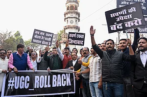 PTI : People hold placards during a protest against the University Grants Commissions recently notified Promotion of Equity in Higher Education Institutions Regulations, 2026, in Jabalpur, Wednesday, Jan. 28, 2026.